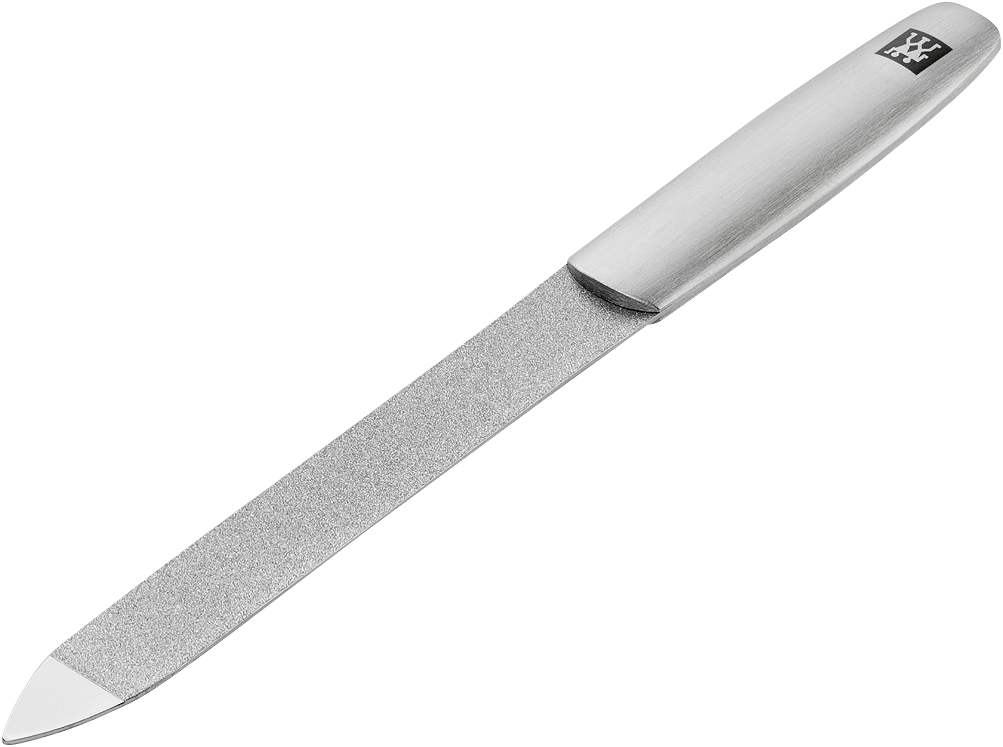 Queransicht einer ZWILLING Premium Saphir-Nagelfeile aus rostfreiem Edelstahl mit grob-und feinkörnigen Feilenflächen zum Kürzen und Formen.
