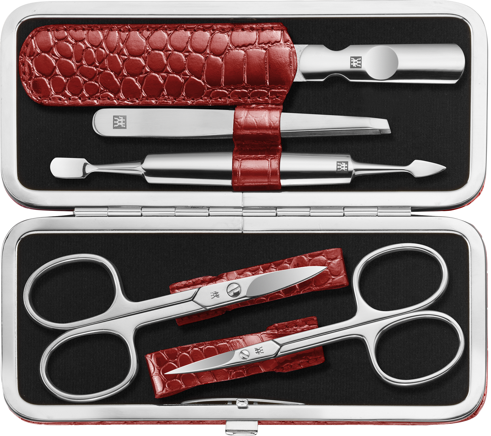 Geöffnetes ZWILLING Classic Set 5tlg. in rot mit Metallrahmen, mit den meistgenutzten Pflegeinstrumenten aus rostfreiem Edelstahl.