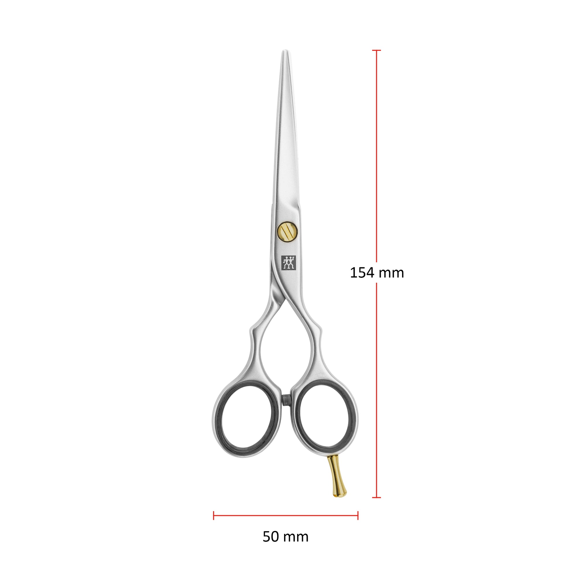 Größenangaben einer ZWILLING Premium Haarschere. Gesamtlänge beträgt 154mm.