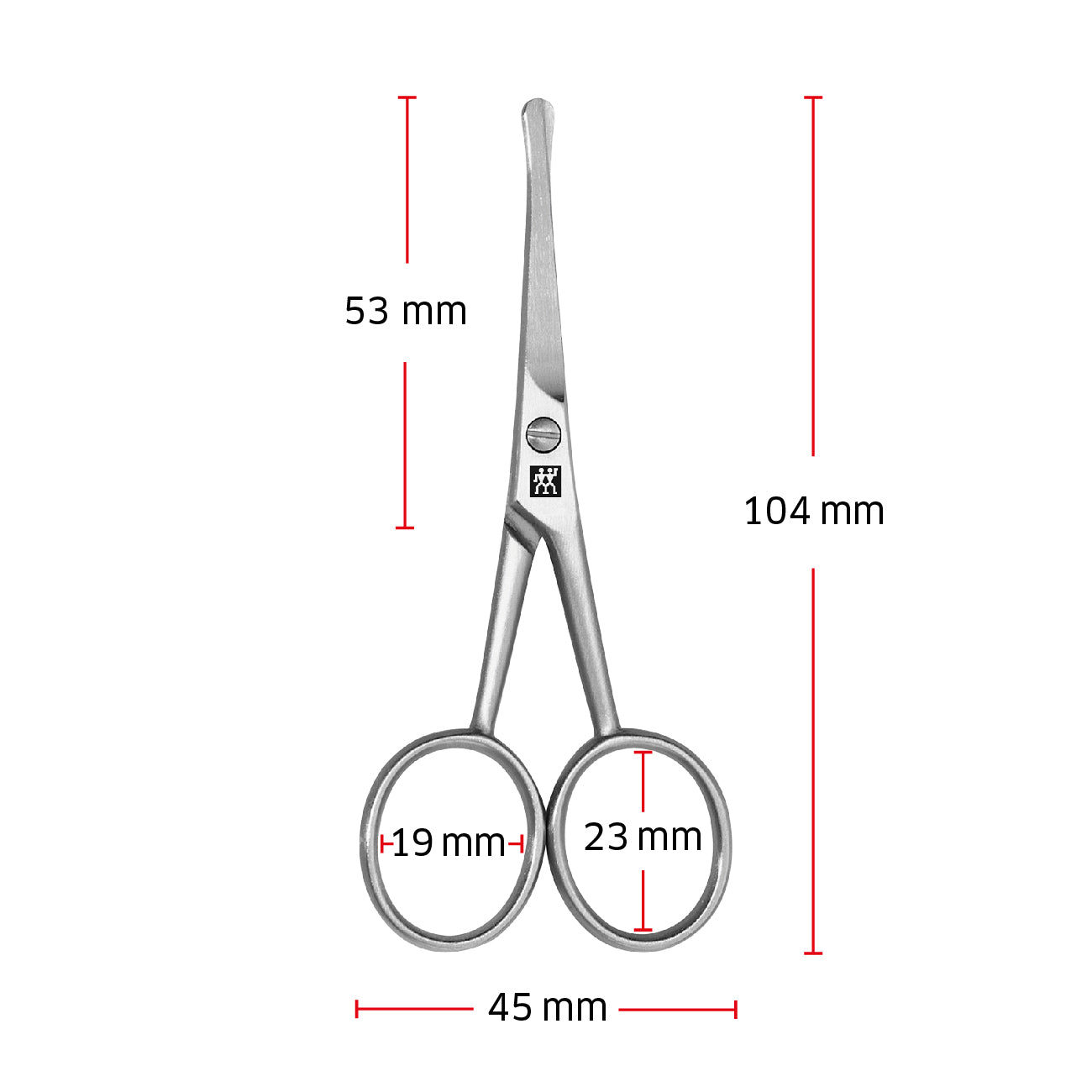Größenangaben einer ZWILLING Premium Nasen- und Ohrenhaarschere. Gesamtlänge beträgt 104mm.
