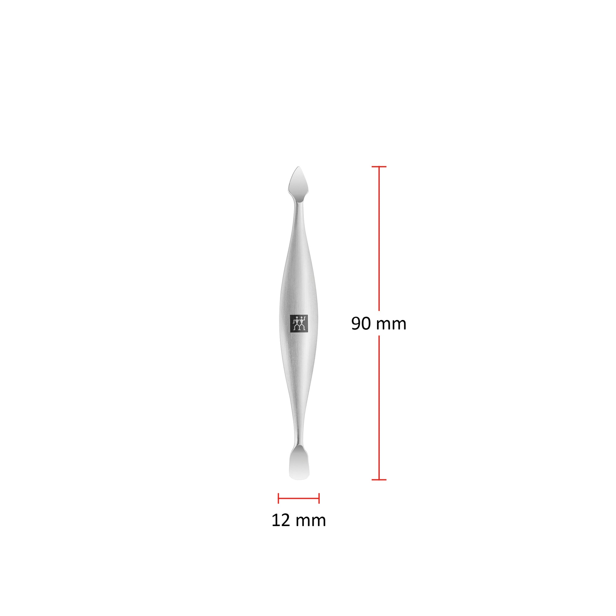 Größenangaben eines ZWILLING Premium Nagelhautschiebers und -reinigers. Gesamtlänge beträgt 90mm.