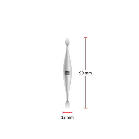 Größenangaben eines ZWILLING Premium Nagelhautschiebers und -reinigers. Gesamtlänge beträgt 90mm.