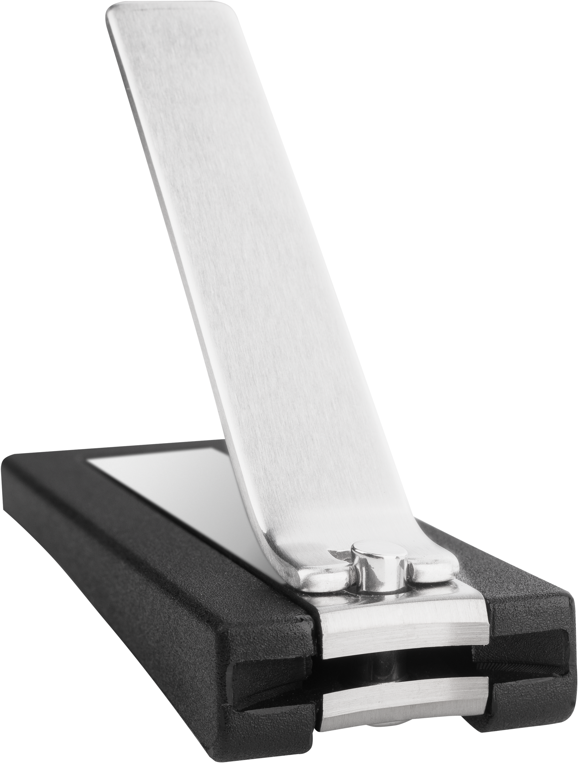 Queransicht eines ZWILLING Premium Nagelknipsers aus rostfreiem Edelstahl mit leicht gebogener Schneide und schwarzem Nagelfang.