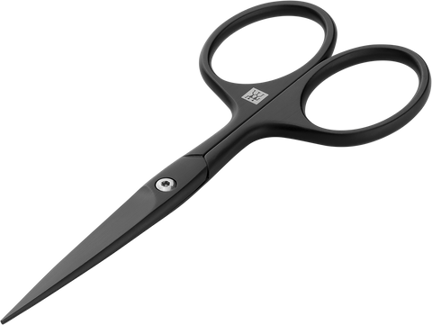 Queransicht einer ZWILLING Premium Bartschere in schwarz mit gerader Schneide und feiner Spitze für präzisen Schnitt.