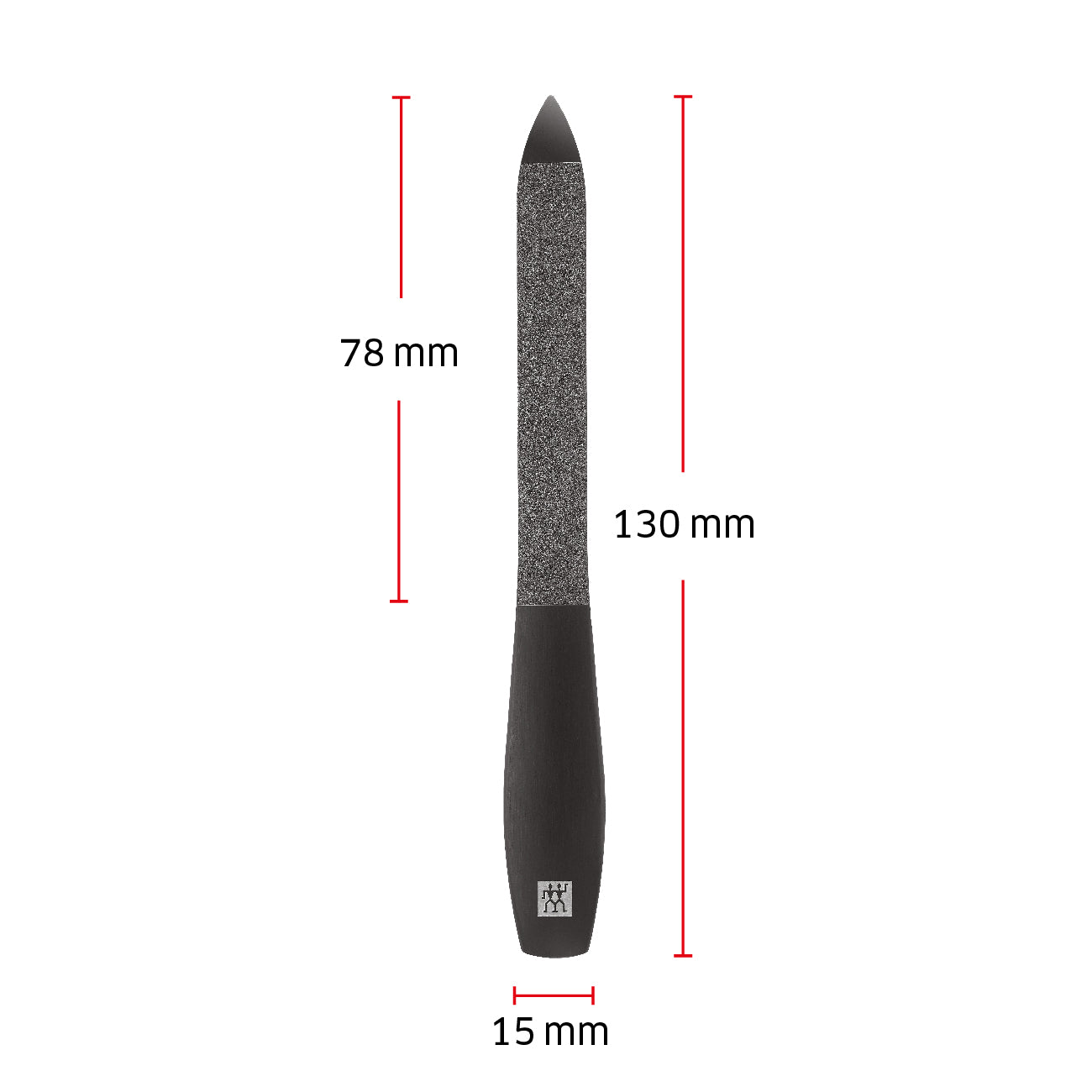 Größenangaben einer ZWILLING Premium Saphir-Nagelfeile. Gesamtlänge beträgt 130mm.