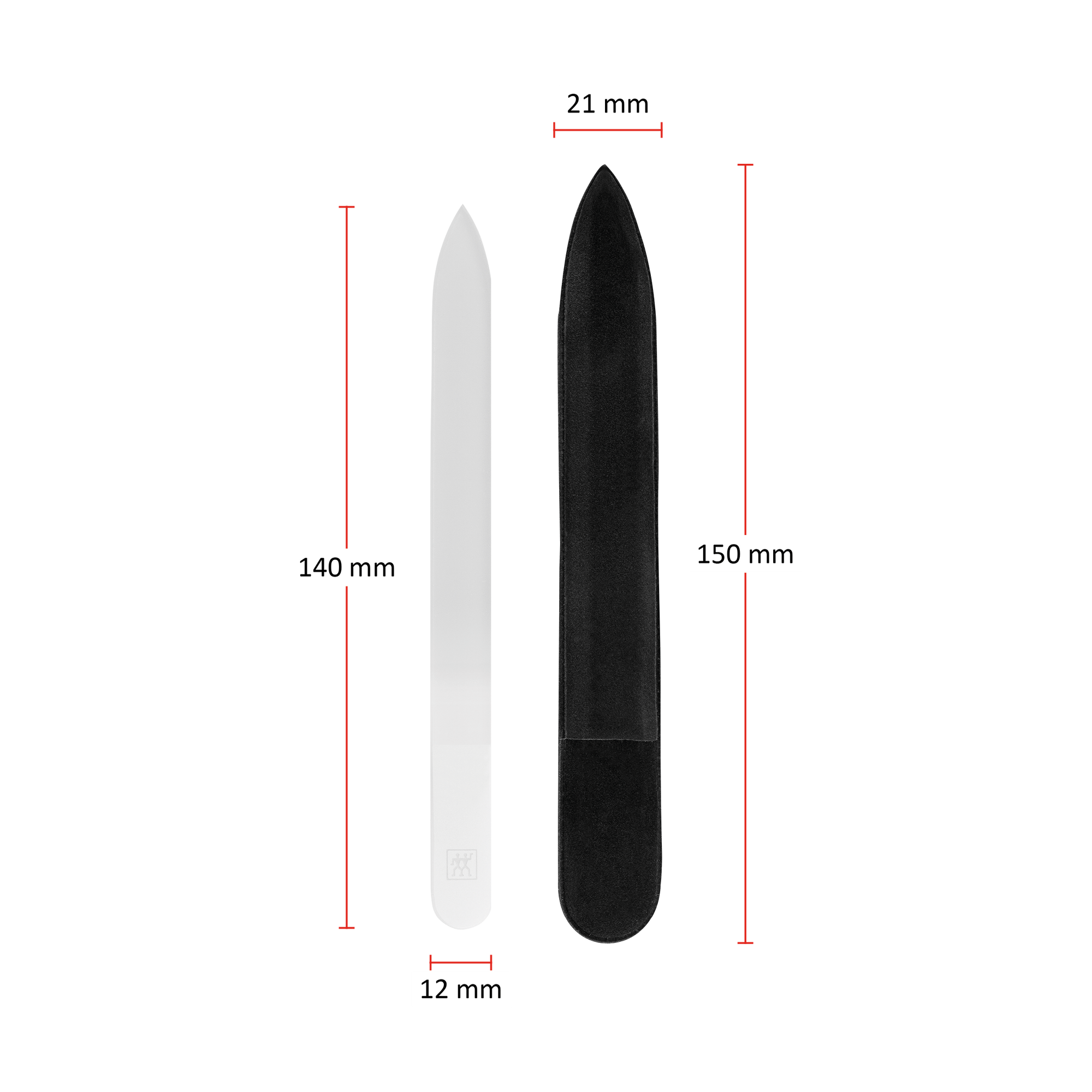 Größenangaben einer ZWILLING Premium Glas-Nagelfeile. Gesamtlänge beträgt 150mm.