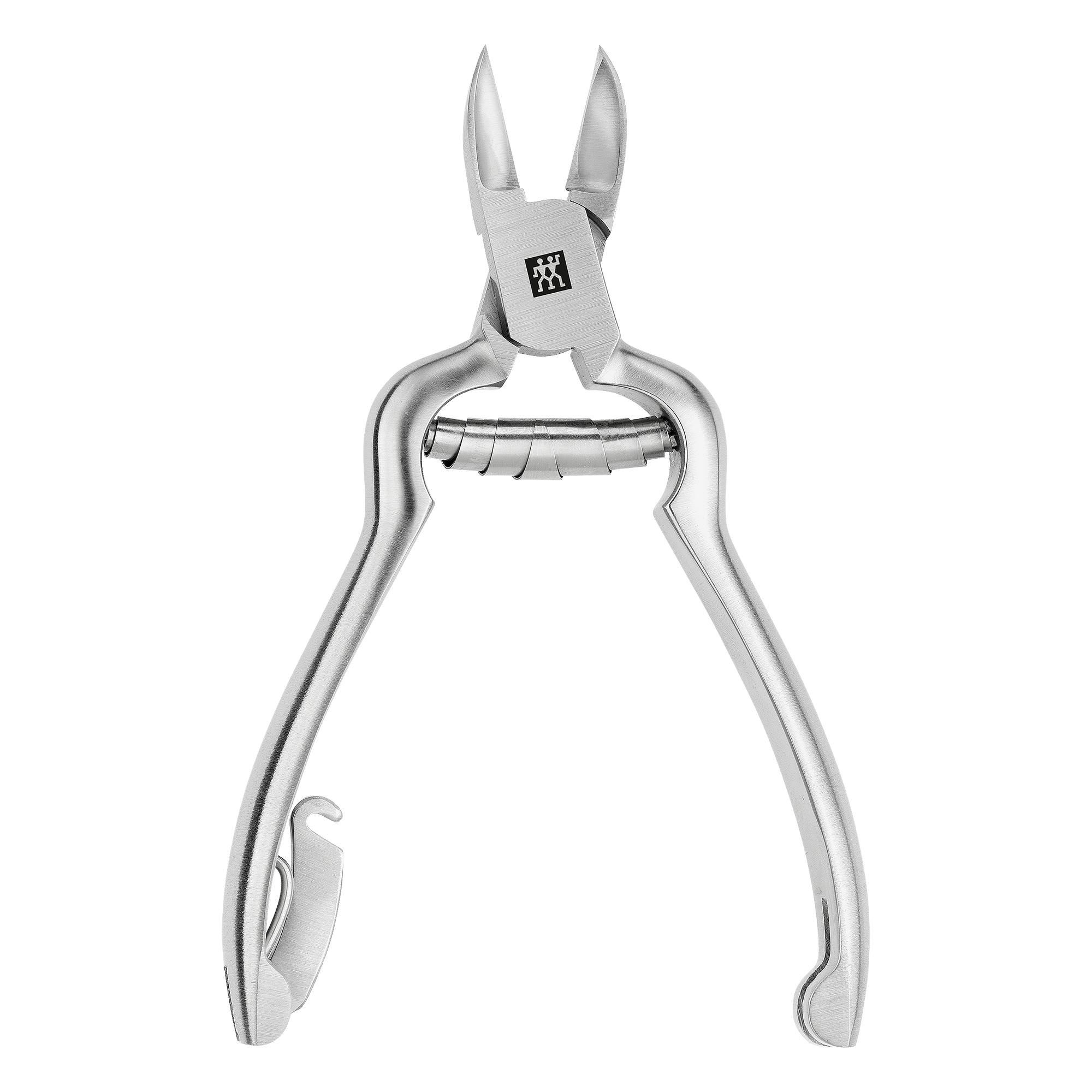 Geöffnete ZWILLING Premium Nagelzange mit Pufferfeder aus rostfreiem Edelstahl, mattiert mit besonders scharfen Schneiden.