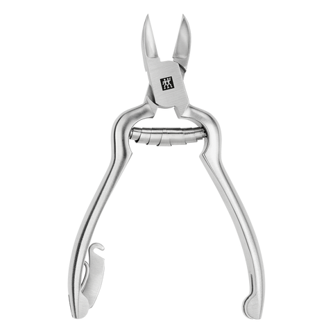 Geöffnete ZWILLING Premium Nagelzange mit Pufferfeder aus rostfreiem Edelstahl, mattiert mit besonders scharfen Schneiden.