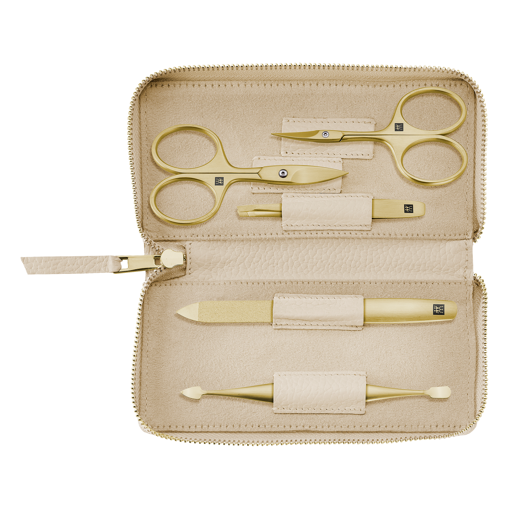 Geöffnetes ZWILLING Premium Set 5tlg. in beige mit den meistgenutzten Pflegeinstrumenten in gold.
