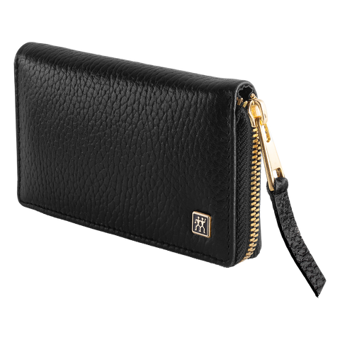 Frontalansicht eines ZWILLING Premium Sets 3tlg. in schwarz mit essentiellen Pflegeinstrumenten in gold.