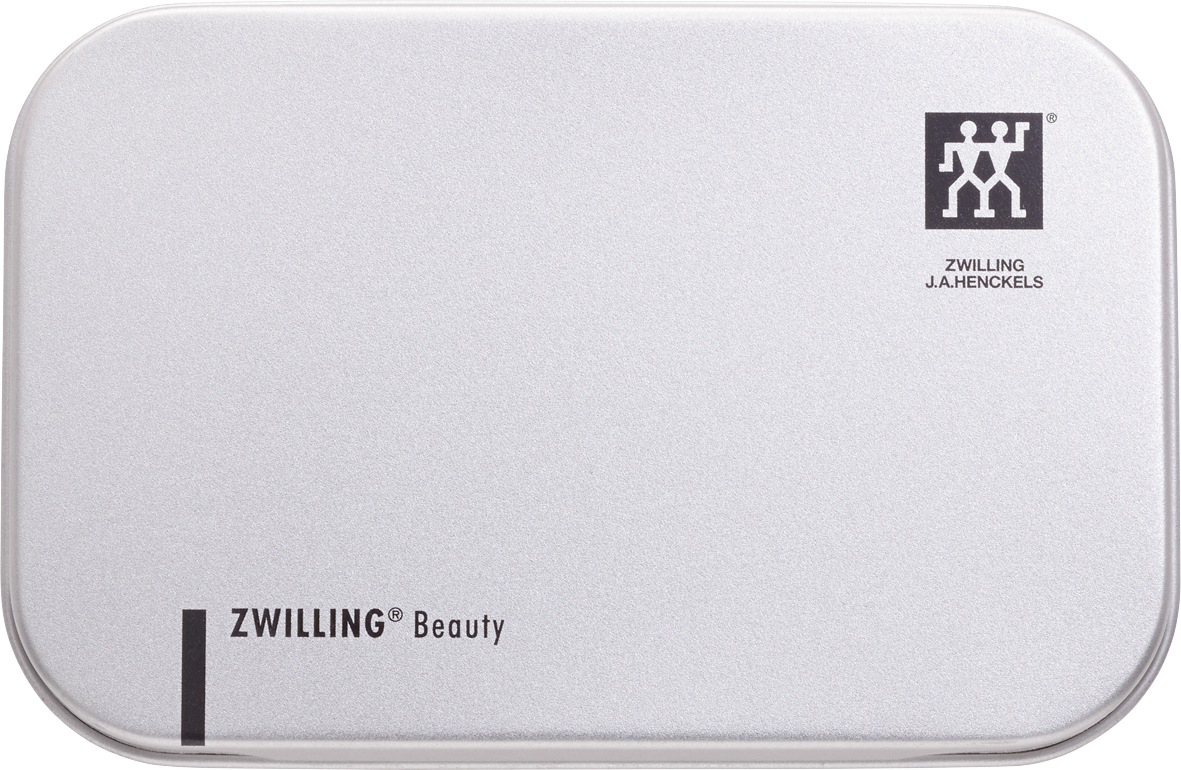 Silberne Metallbox des ZWILLING Premium Nagelknipsers aus rostfreiem Edelstahl mit gebogener Schneide.