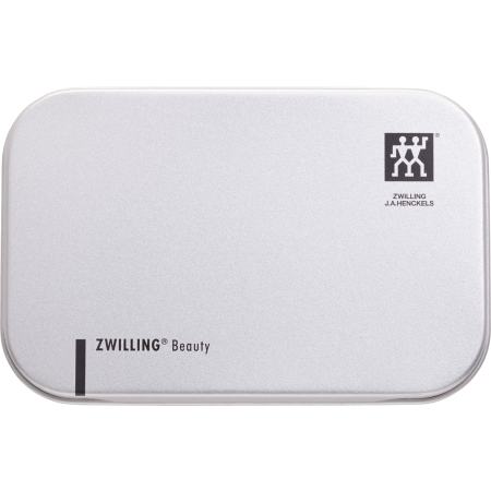 Silberne Metallbox des ZWILLING Premium Nagelknipsers aus rostfreiem Edelstahl mit gebogener Schneide.
