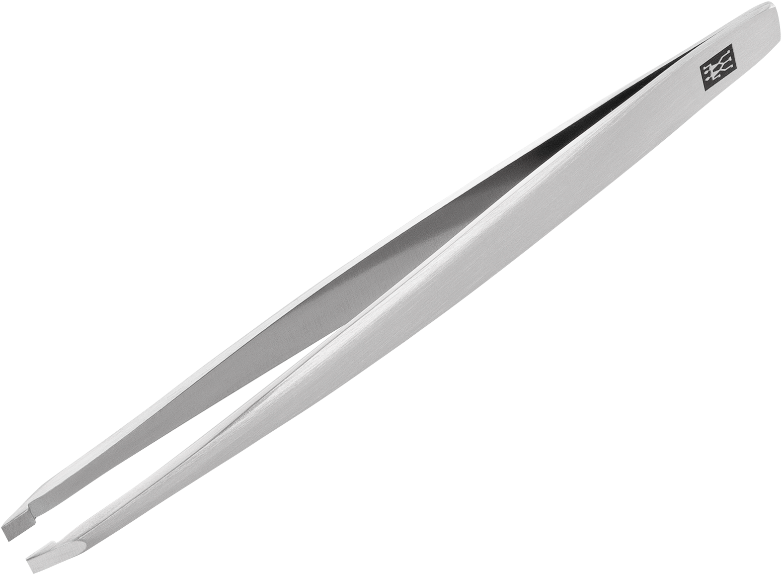 Queransicht der ZWILLING Premium gerade Pinzette aus rostfreiem Edelstahl mit handgeschliffenen, angerauten Spitzen mit großer Zupffläche.
