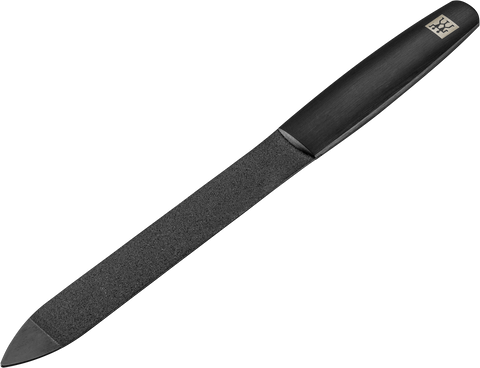 Queransicht einer ZWILLING Premium Saphir-Nagelfeile in schwarz mit grob-und feinkörnigen Feilenflächen zum Kürzen und Formen.