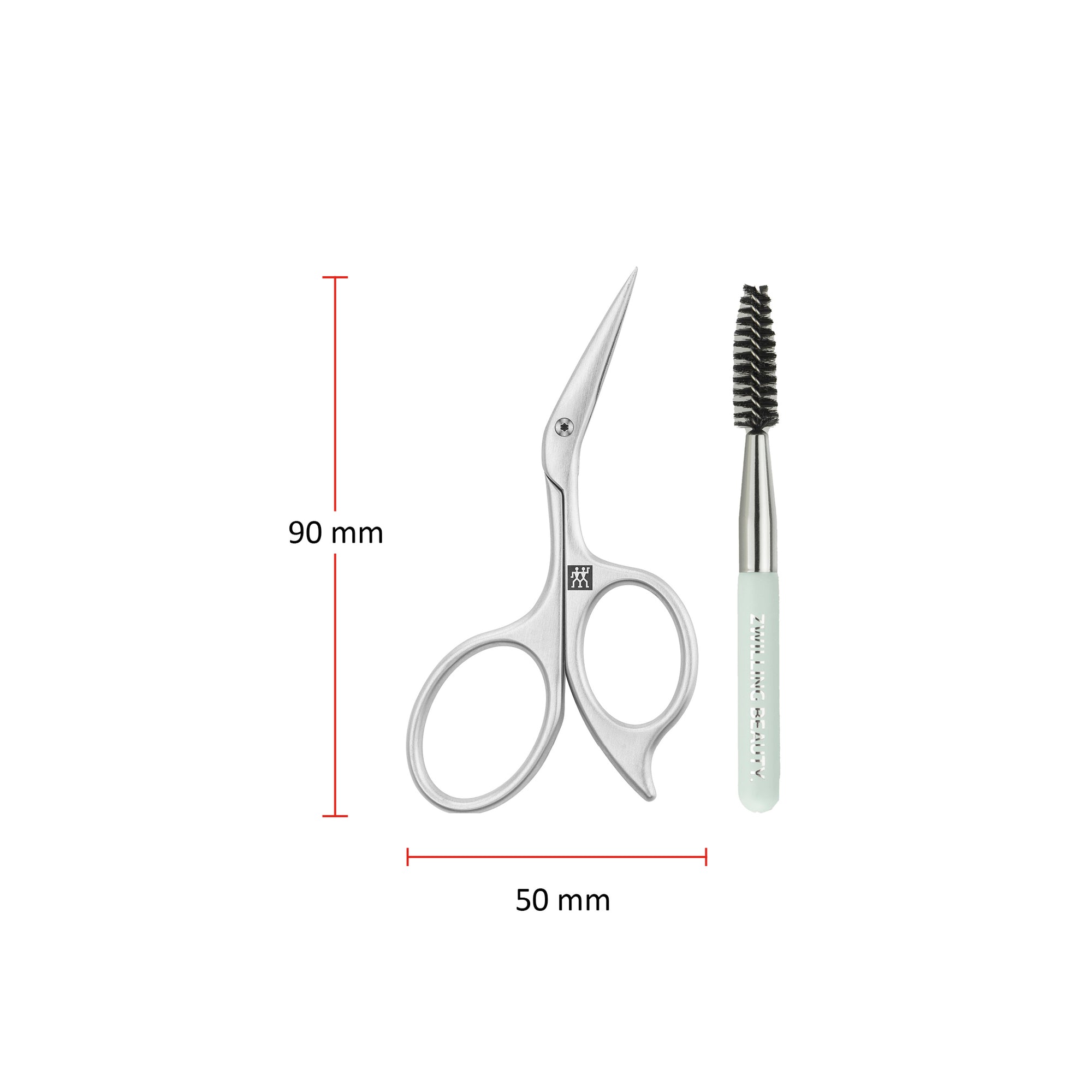 Größenangaben einer ZWILLING Premium Augenbrauenschere und Bürste. Gesamtlänge beträgt 90mm.
