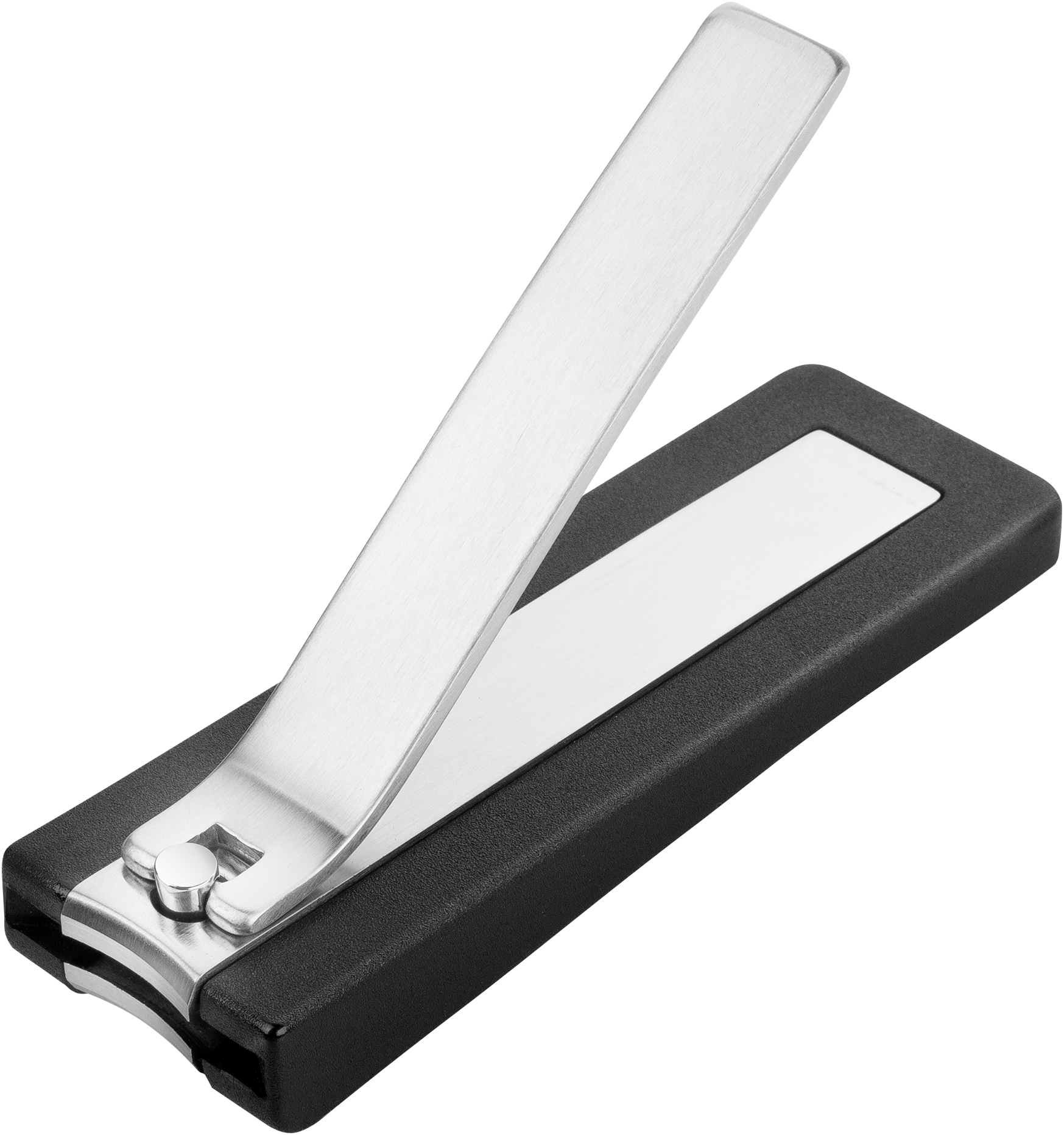 Queransicht eines ZWILLING Premium Nagelknipsers aus rostfreiem Edelstahl mit leicht gebogener Schneide und schwarzem Nagelfang.