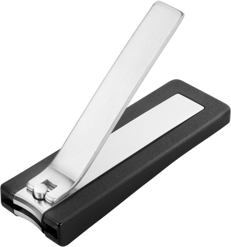 Queransicht eines ZWILLING Premium Nagelknipsers aus rostfreiem Edelstahl mit leicht gebogener Schneide und schwarzem Nagelfang.