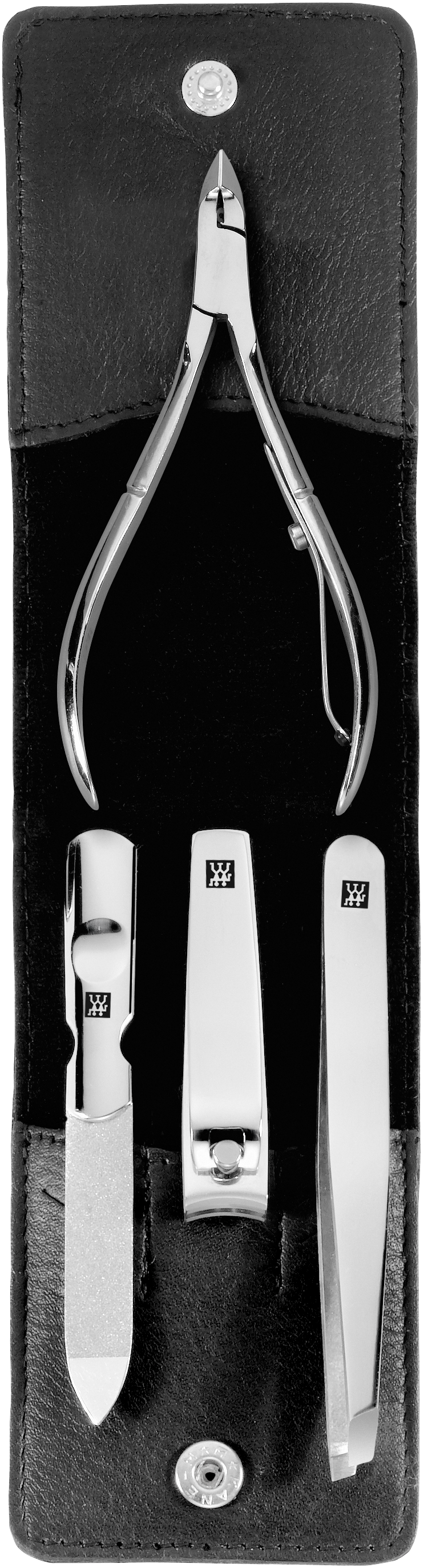 Geöffnetes ZWILLING Classic Set 4tlg. in schwarz mit essentiellen Pflegeinstrumenten aus rostfreiem Edelstahl.