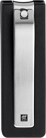 ZWILLING Premium Nagelknipser aus rostfreiem Edelstahl mit leicht gebogener Schneide und schwarzem Nagelfang.