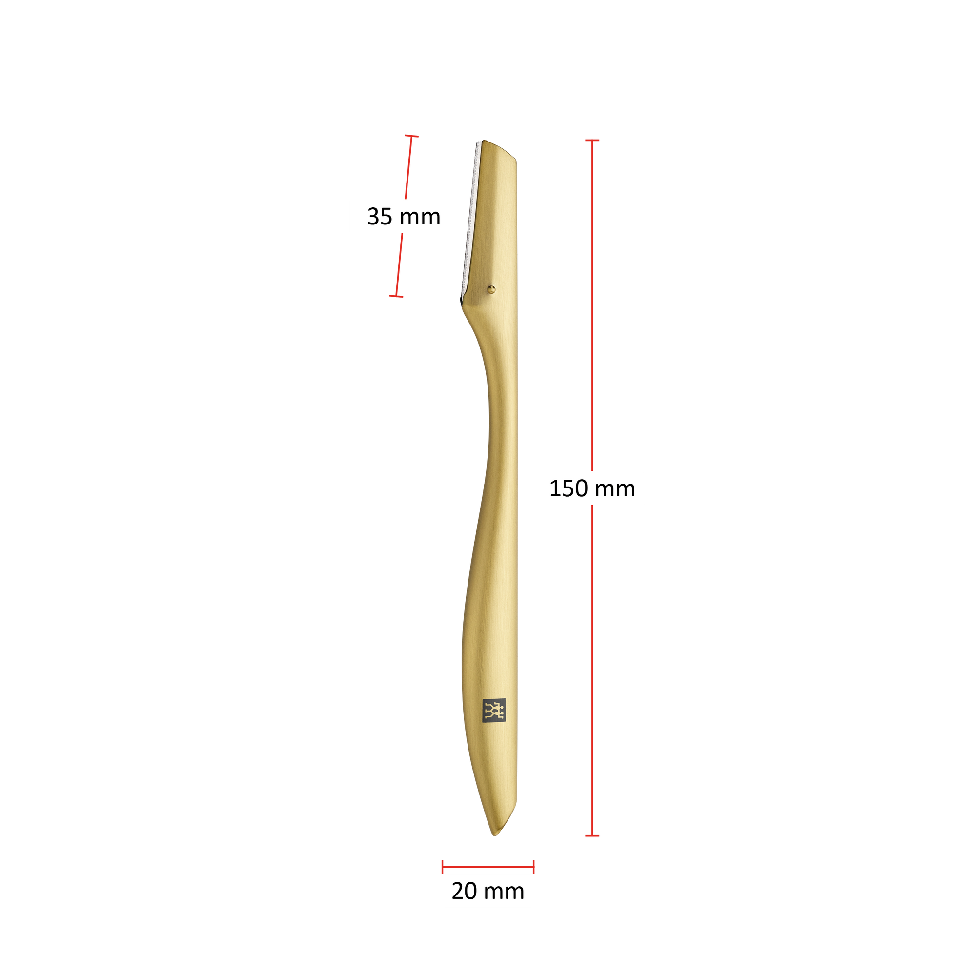 Größenangaben eines ZWILLING Premium Gesichtshaar-Rasierers in matt-gold. Gesamtlänge beträgt 150mm. Die Klinge hat eine Länge von 35mm und der Gesichtshaar-Rasierer hat eine Gesamtbreite von 20mm.
