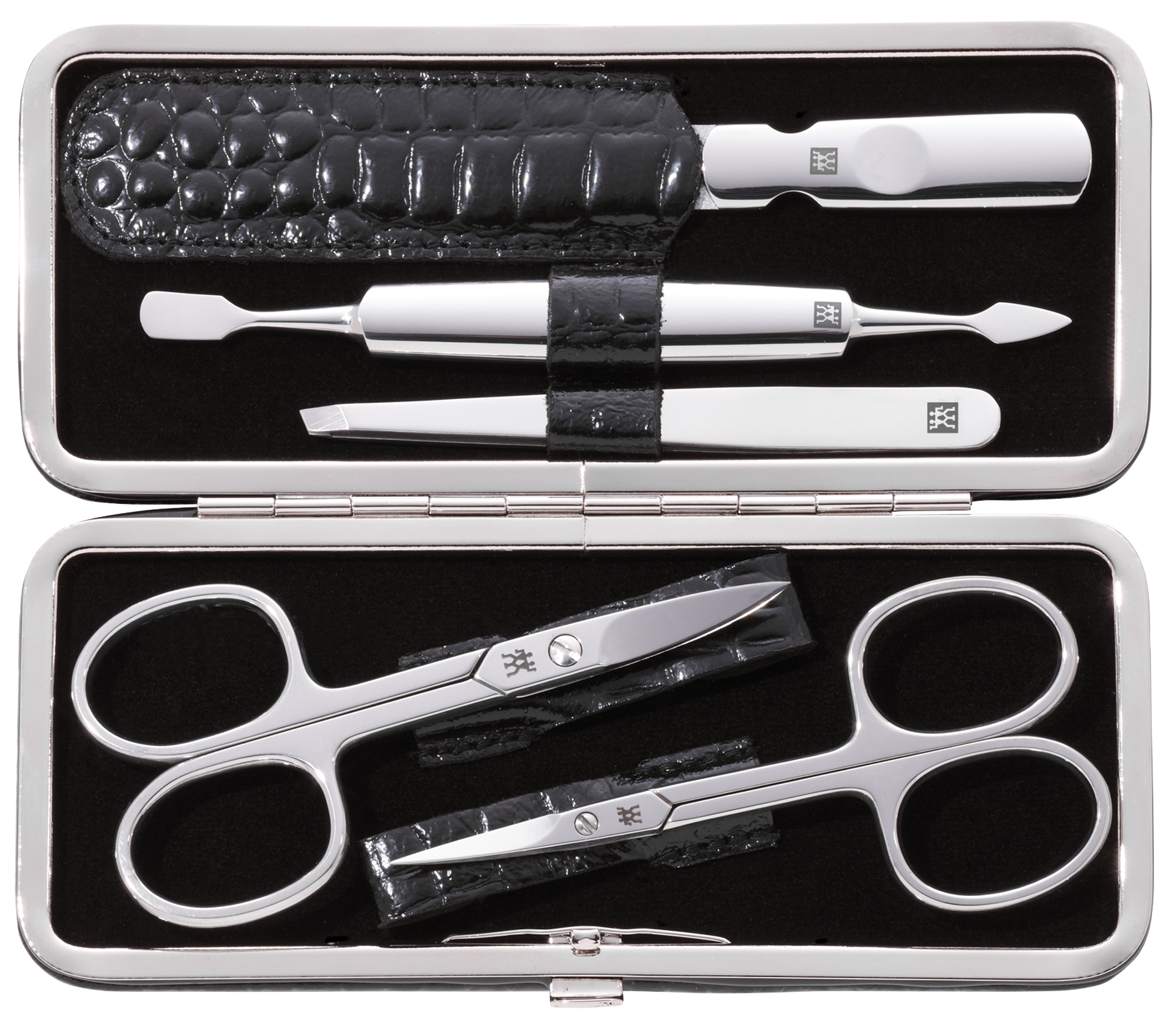 Geöffnetes ZWILLING Classic Set 5tlg. in schwarz mit Metallrahmen, mit den meistgenutzten Pflegeinstrumenten aus rostfreiem Edelstahl.