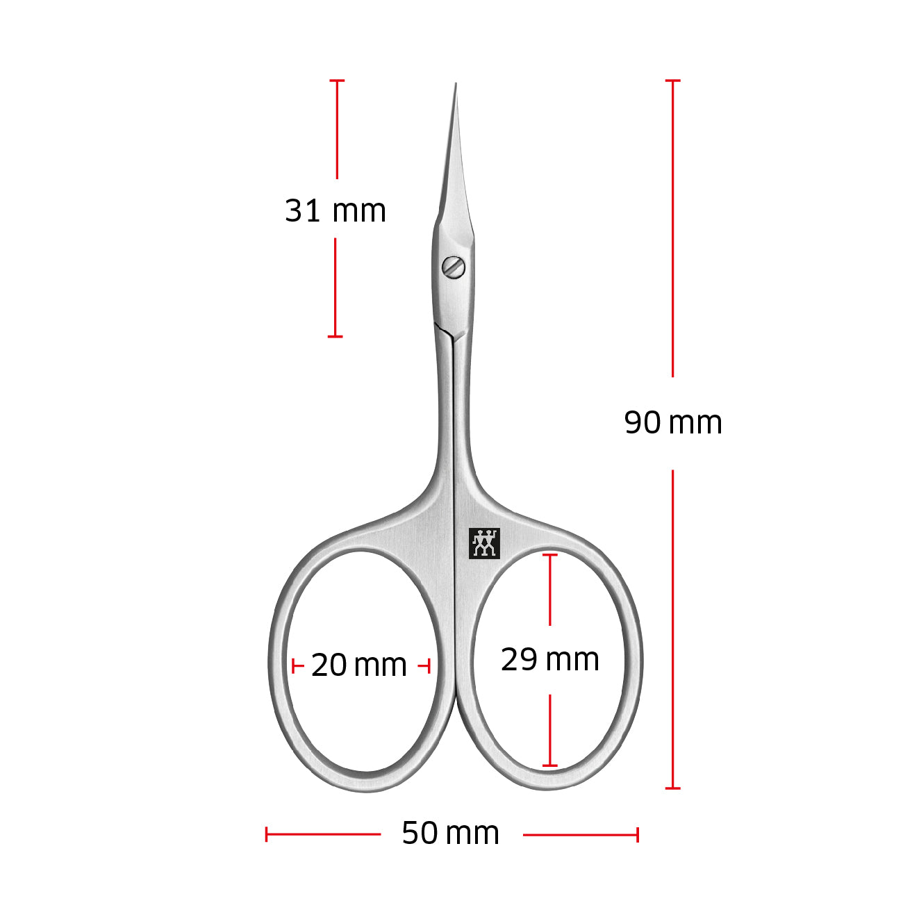 Größenangaben einer ZWILLING Premium Nagelhautschere mit Turmspitze. Gesamtlänge beträgt 90mm.