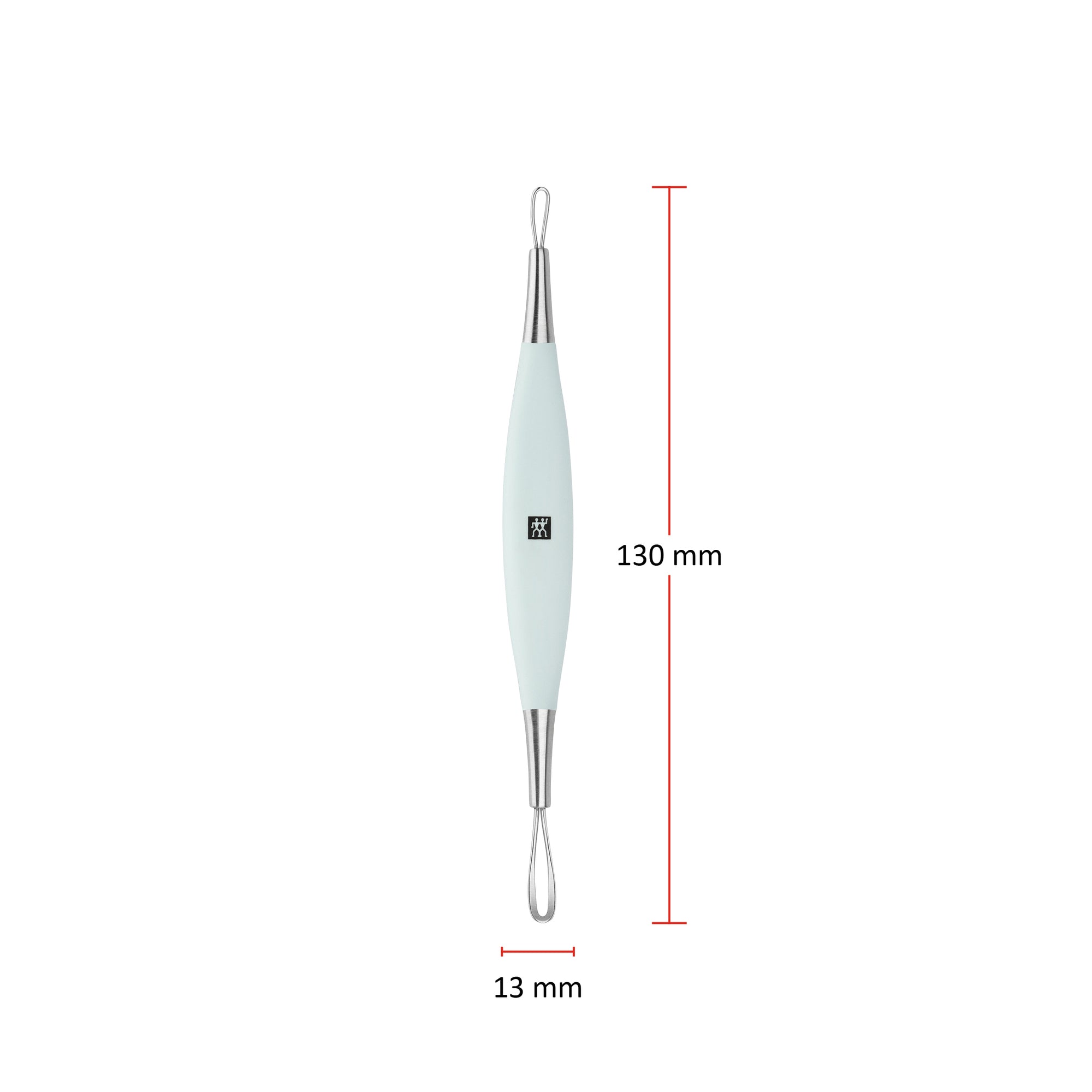 Größenangaben eines ZWILLING Premium Mitesserentferners. Gesamtlänge beträgt 130mm.