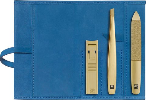 Premium Maniküre Set 3-tlg.Echtleder, blau, Gold Edition