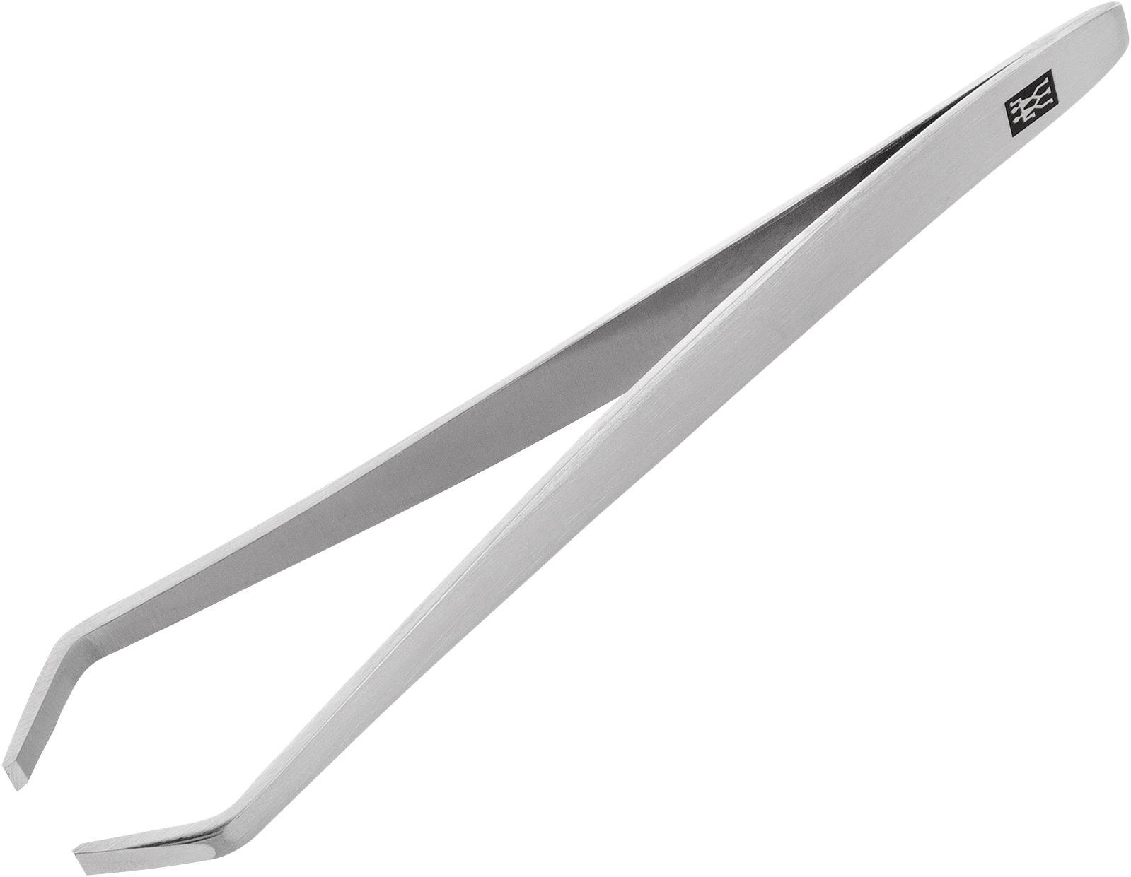 Queransicht der ZWILLING Premium abgewinkelte Pinzette aus rostfreiem Edelstahl mit angerauten, perfekt kalibrierten Spitzen.