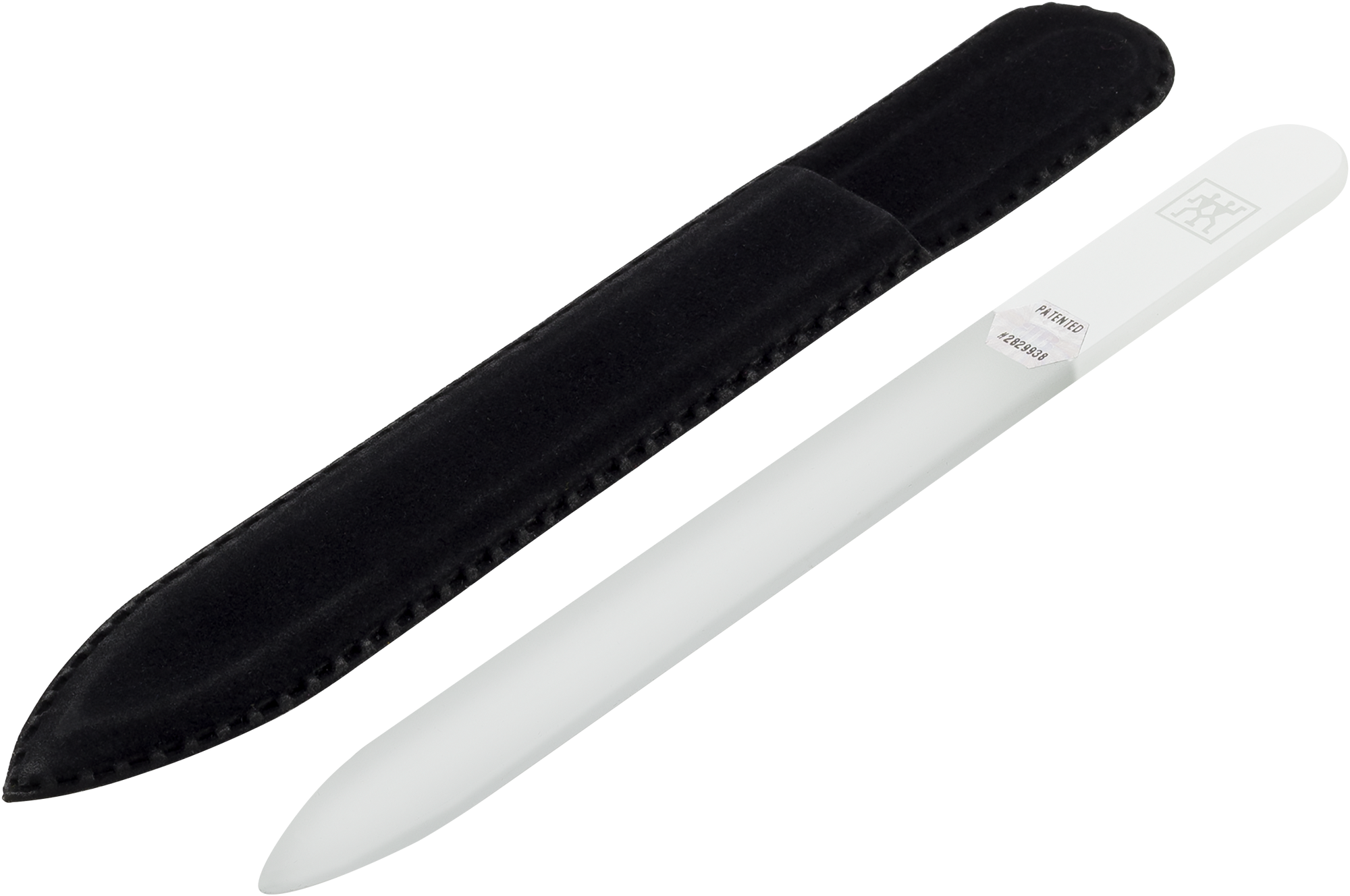 Queransicht einer ZWILLING Premium Glas-Nagelfeile mit extrem feinkörnigen Feilenflächen zum sanften Formen und Versiegeln, inklusive Hülle.