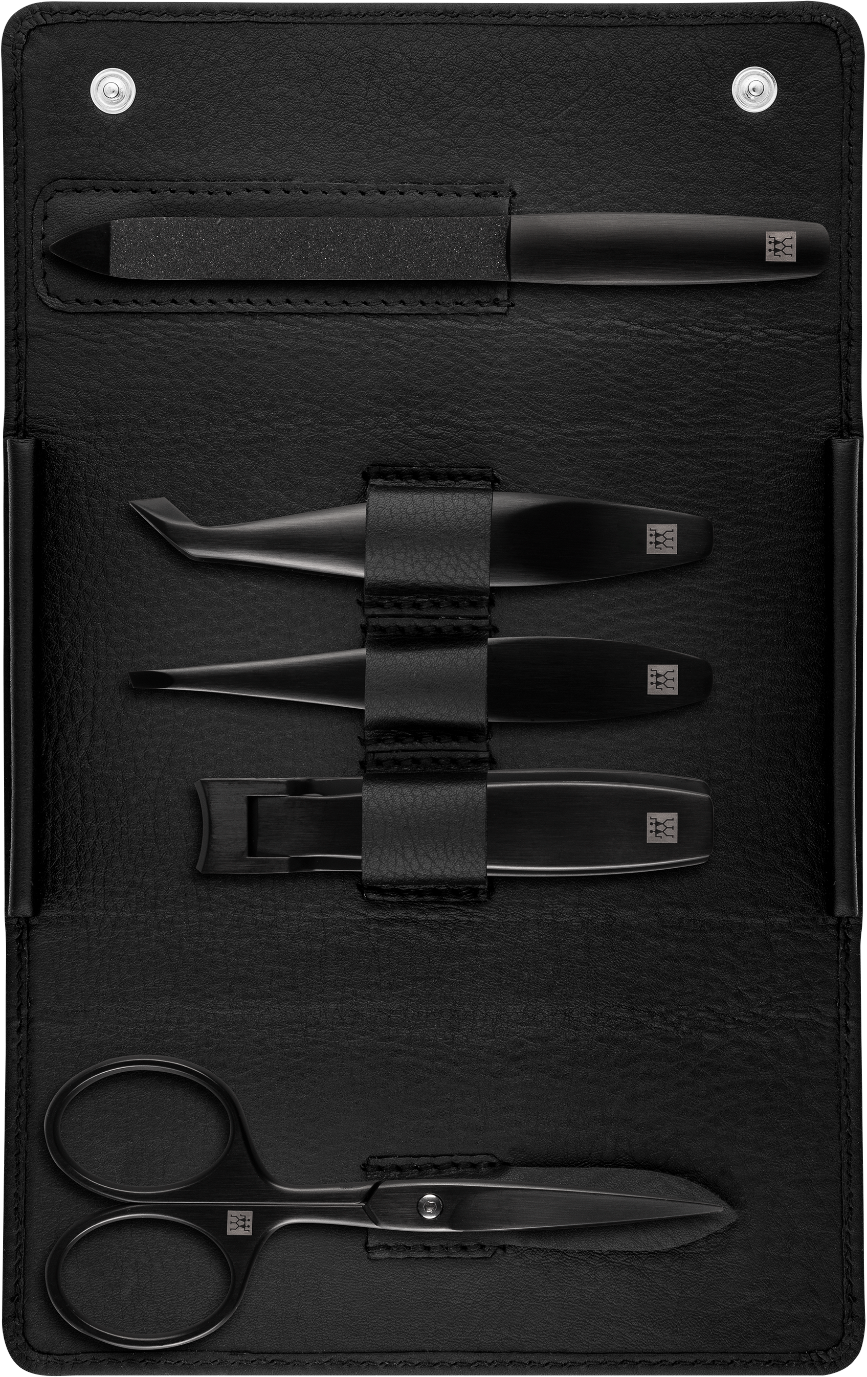Geöffnetes ZWILLING Premium Set 5tlg. in schwarz mit den meistgenutzten Pflegeinstrumenten in matt-schwarz.