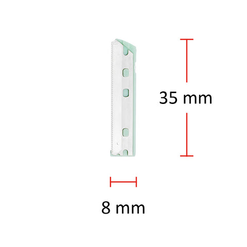 Größenangaben der auswechselbaren Edelstahl-Klinge des ZWILLING Premium Gesichtshaar-Rasierers. Gesamtlänge beträgt 35mm.