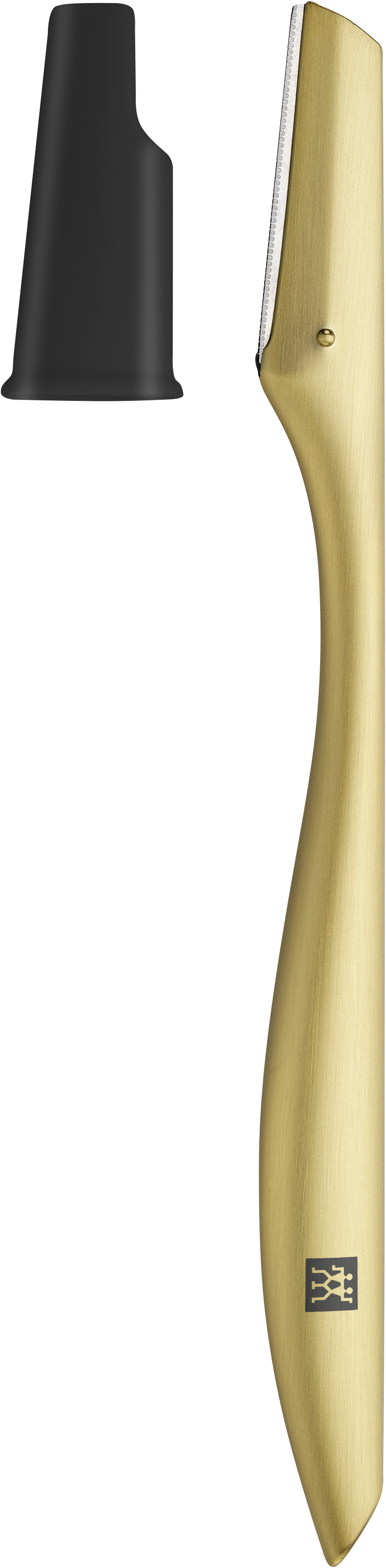 Seitenansicht des ZWILLING Premium Gesichtshaar-Rasierer in gold mattiert mit auswechselbaren Edelstahl-Klingen und Präzisionskappe.
