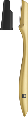 Seitenansicht des ZWILLING Premium Gesichtshaar-Rasierer in gold mattiert mit auswechselbaren Edelstahl-Klingen und Präzisionskappe.
