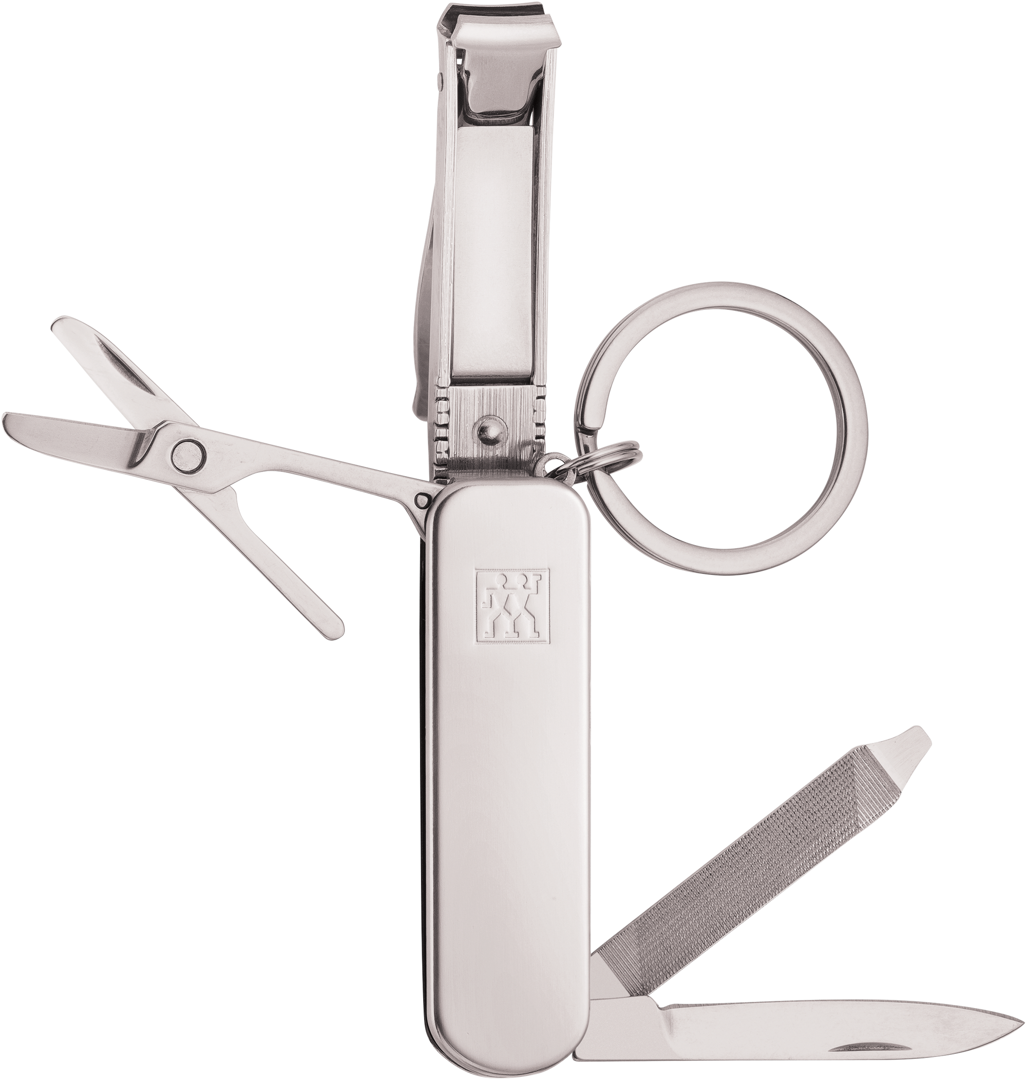 ZWILLING Classic Nagelpflege Multi-Tool mit Nagelknipser, Nagelfeile, Schere und Taschenmesser aus rostfreiem Edelstahl, geöffnet.