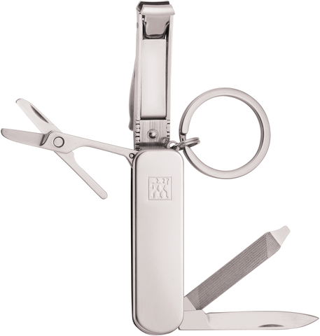 ZWILLING Classic Nagelpflege Multi-Tool mit Nagelknipser, Nagelfeile, Schere und Taschenmesser aus rostfreiem Edelstahl, geöffnet.