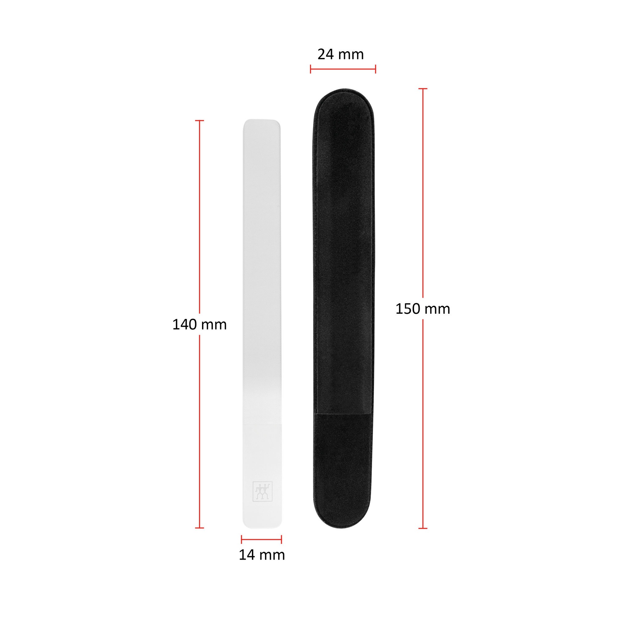 Größenangaben eines ZWILLING Premium Glas-Nagelbuffers. Gesamtlänge beträgt 140mm und die Breite 14mm. Die Gesamtlänge der Hülle beträgt 150mm und die Breite 24mm.
