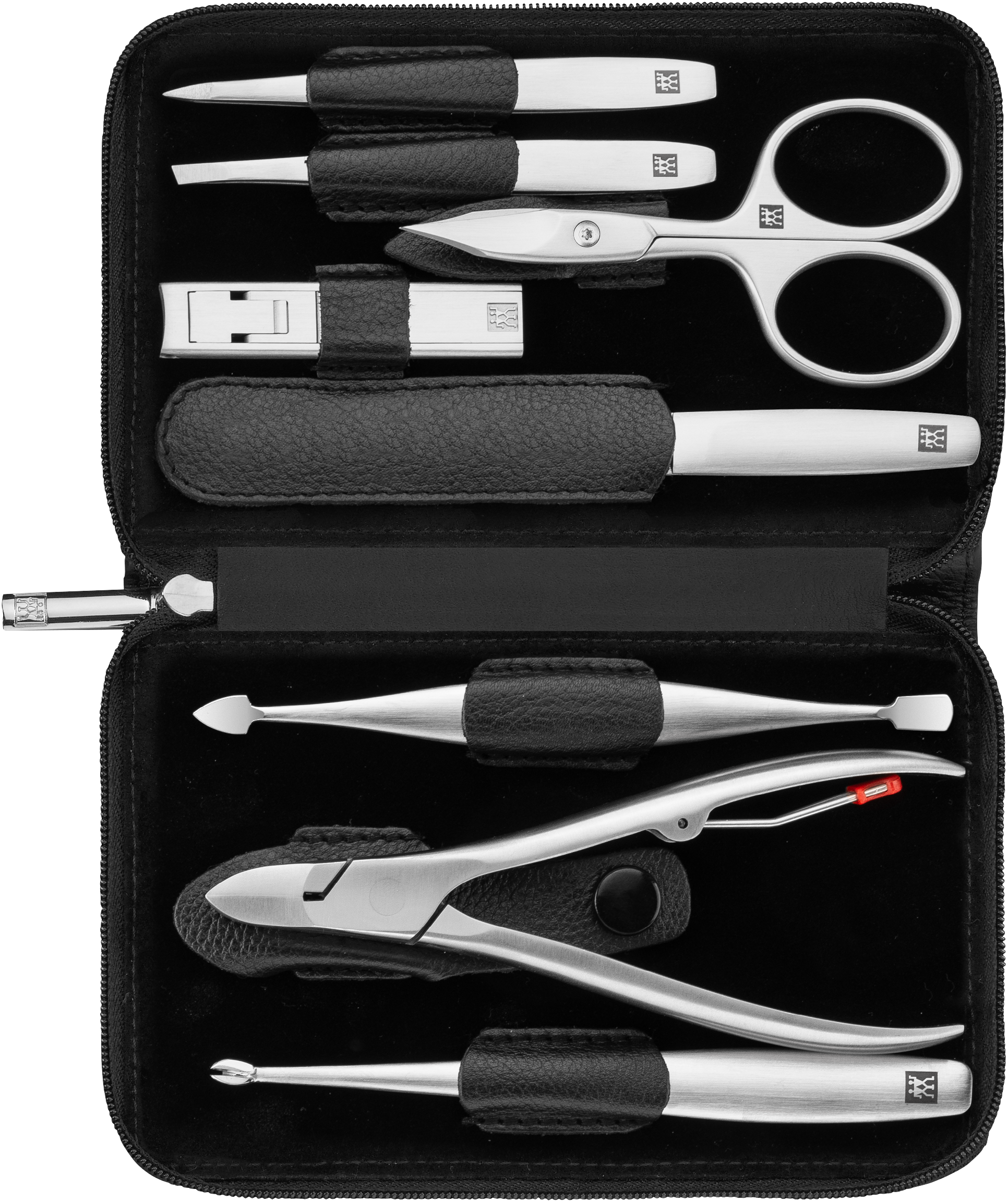 Geöffnetes ZWILLING Premium Set 8tlg. in schwarz mit vollumfänglichen Pflegeinstrumenten aus rostfreiem Edelstahl.