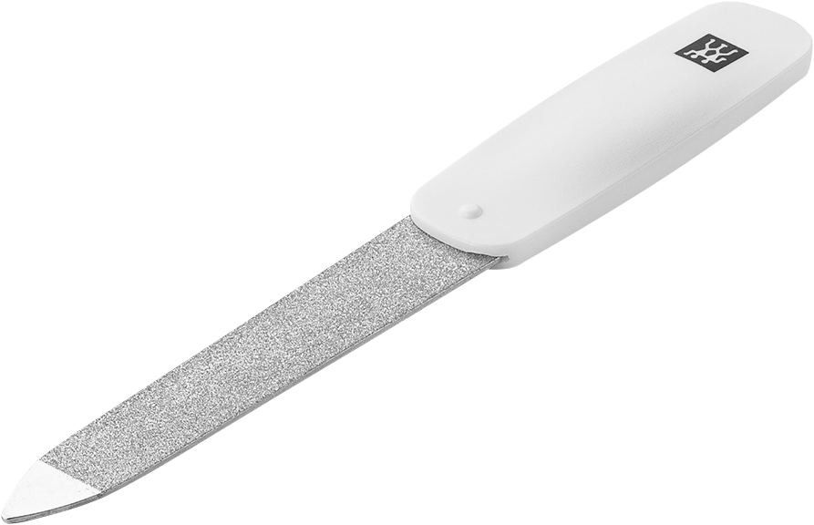 Queransicht einer ZWILLING Classic Saphir-Nagelfeile in weiß mit grob-und feinkörnigen Feilenflächen zum Kürzen und Formen.