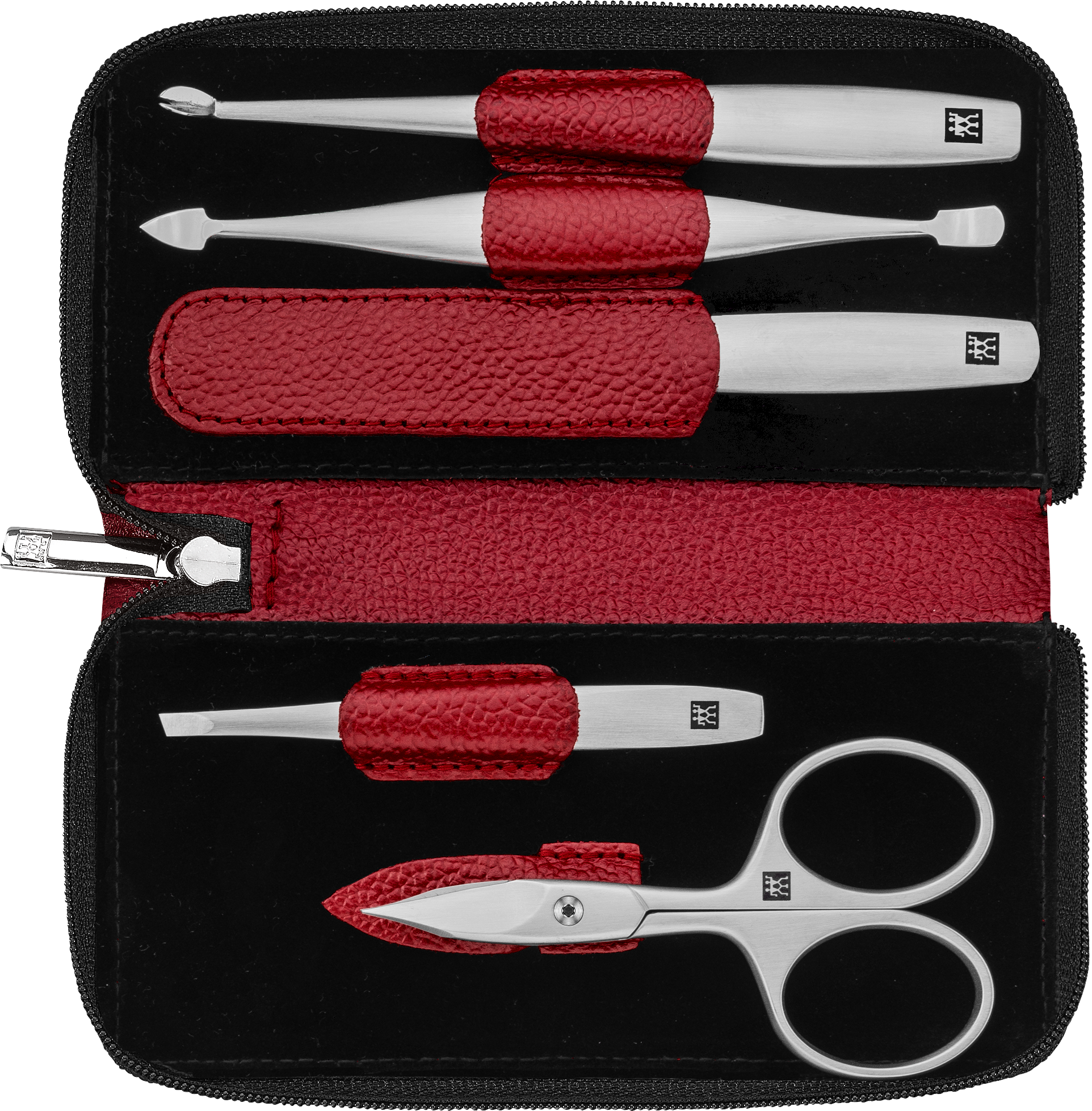 Geöffnetes ZWILLING Premium Maniküre Set 5tlg. in rot mit den meistgenutzten Pflegeinstrumenten aus rostfreiem Edelstahl.
