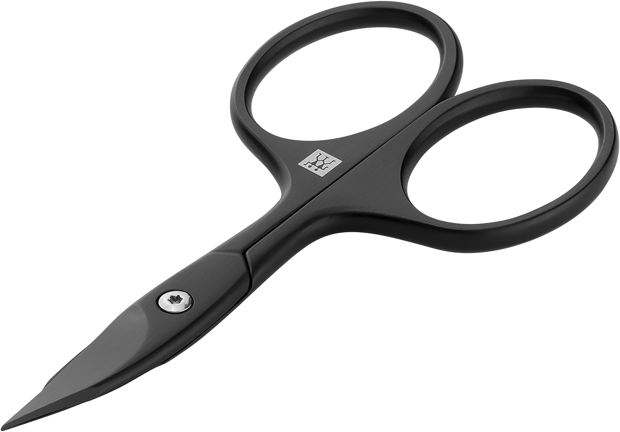 Queransicht einer ZWILLING Premium Nagel- und Nagelhautschere in Schwarz mit gebogener Schneide und feiner Spitze.