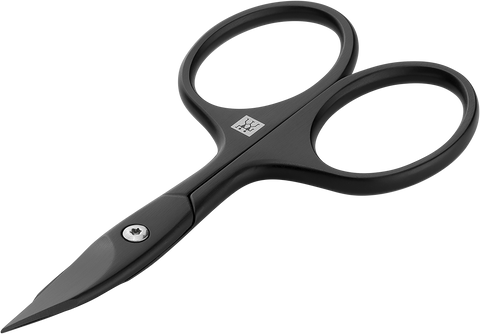 Queransicht einer ZWILLING Premium Nagel- und Nagelhautschere in Schwarz mit gebogener Schneide und feiner Spitze.