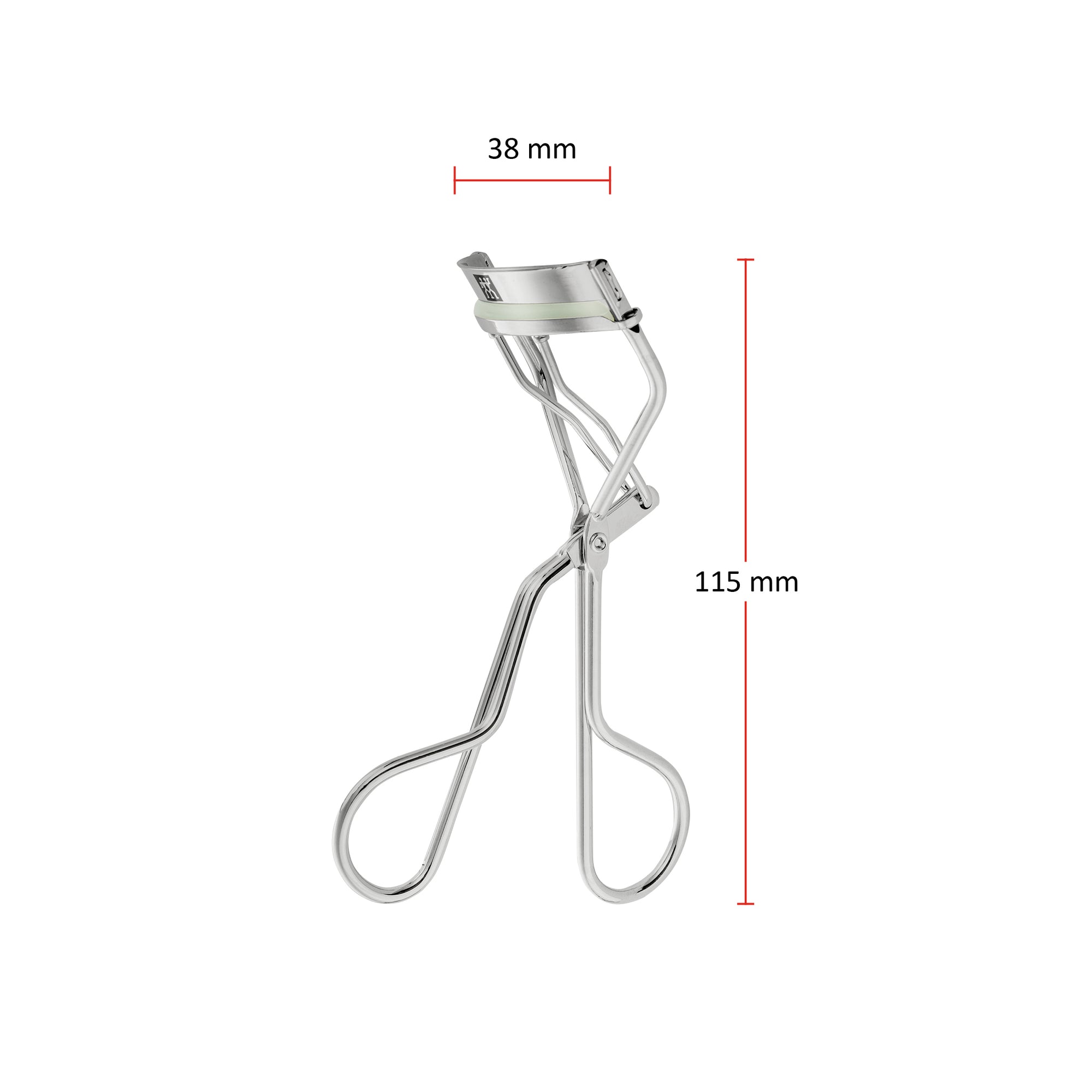 Größenangaben einer ZWILLING Premium Wimpernzange. Gesamtlänge beträgt 115mm.