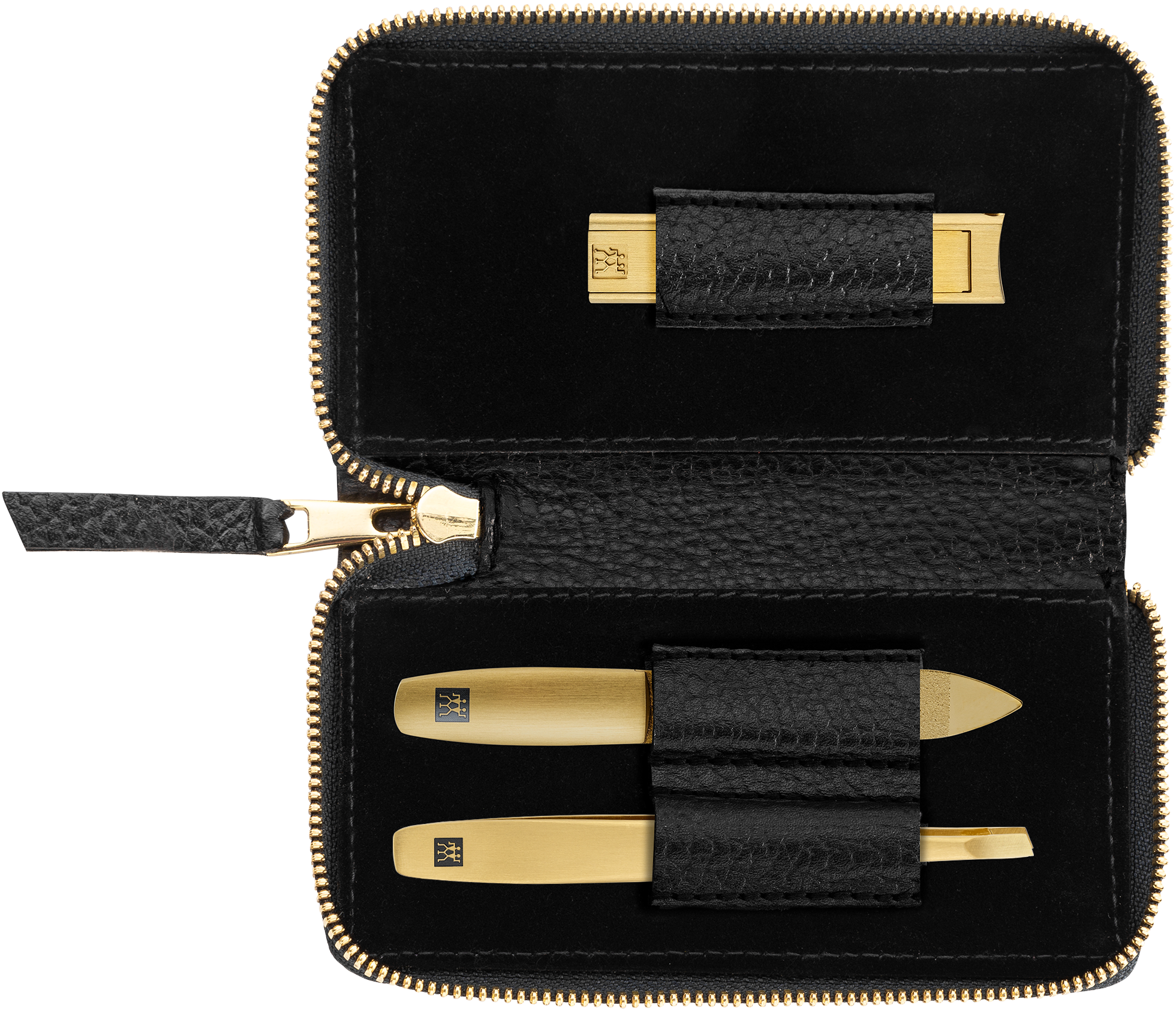 Geöffnetes ZWILLING Premium Set 3tlg. in schwarz mit essentiellen Pflegeinstrumenten in gold.