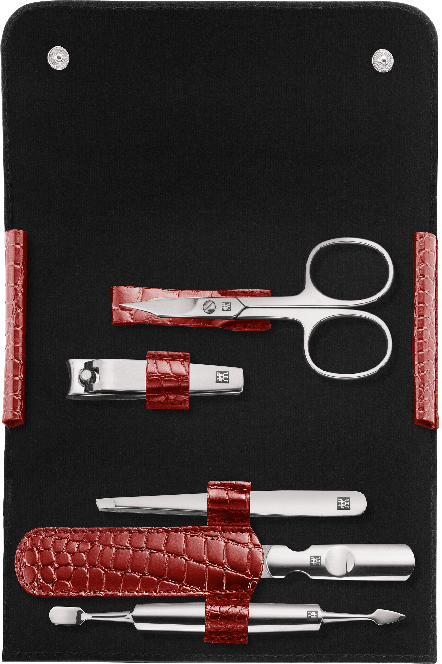 Geöffnetes ZWILLING Classic Set 5tlg. in roter Kroko-Optik, mit den meistgenutzten Pflegeinstrumenten aus rostfreiem Edelstahl.