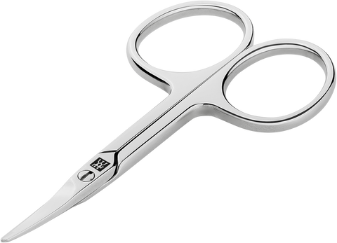 Queransicht einer ZWILLING Classic Baby-Nagelschere aus rostfreiem Edelstahl mit leicht gebogener Schneide und abgerundeter Spitze.