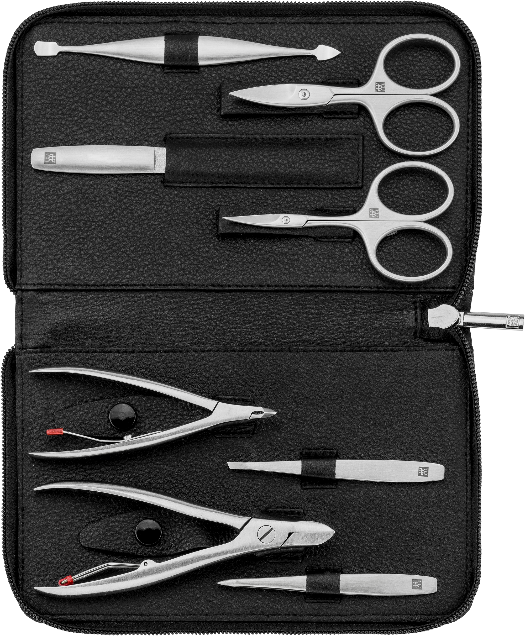 Geöffnetes ZWILLING Premium Set 8tlg. in schwarz mit vollumfänglichen Pflegeinstrumenten aus rostfreiem Edelstahl.