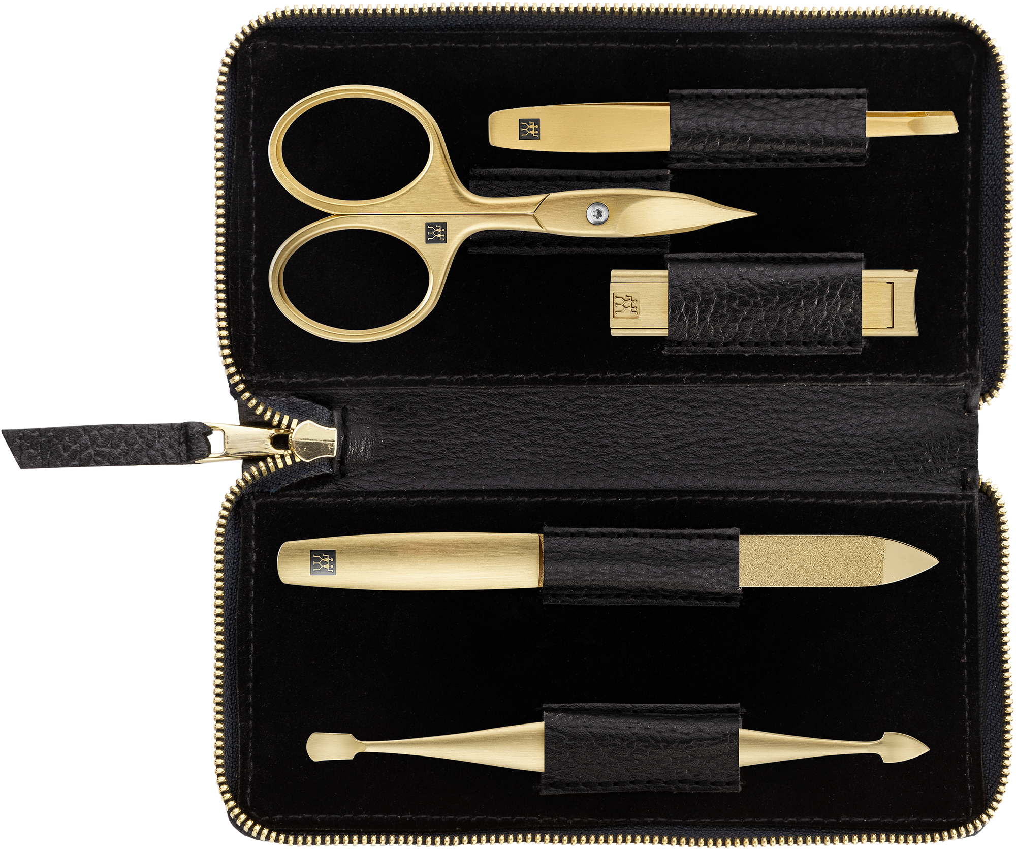 Geöffnetes ZWILLING Premium Set 5tlg. in schwarz mit den meistgenutzten Pflegeinstrumenten in gold.