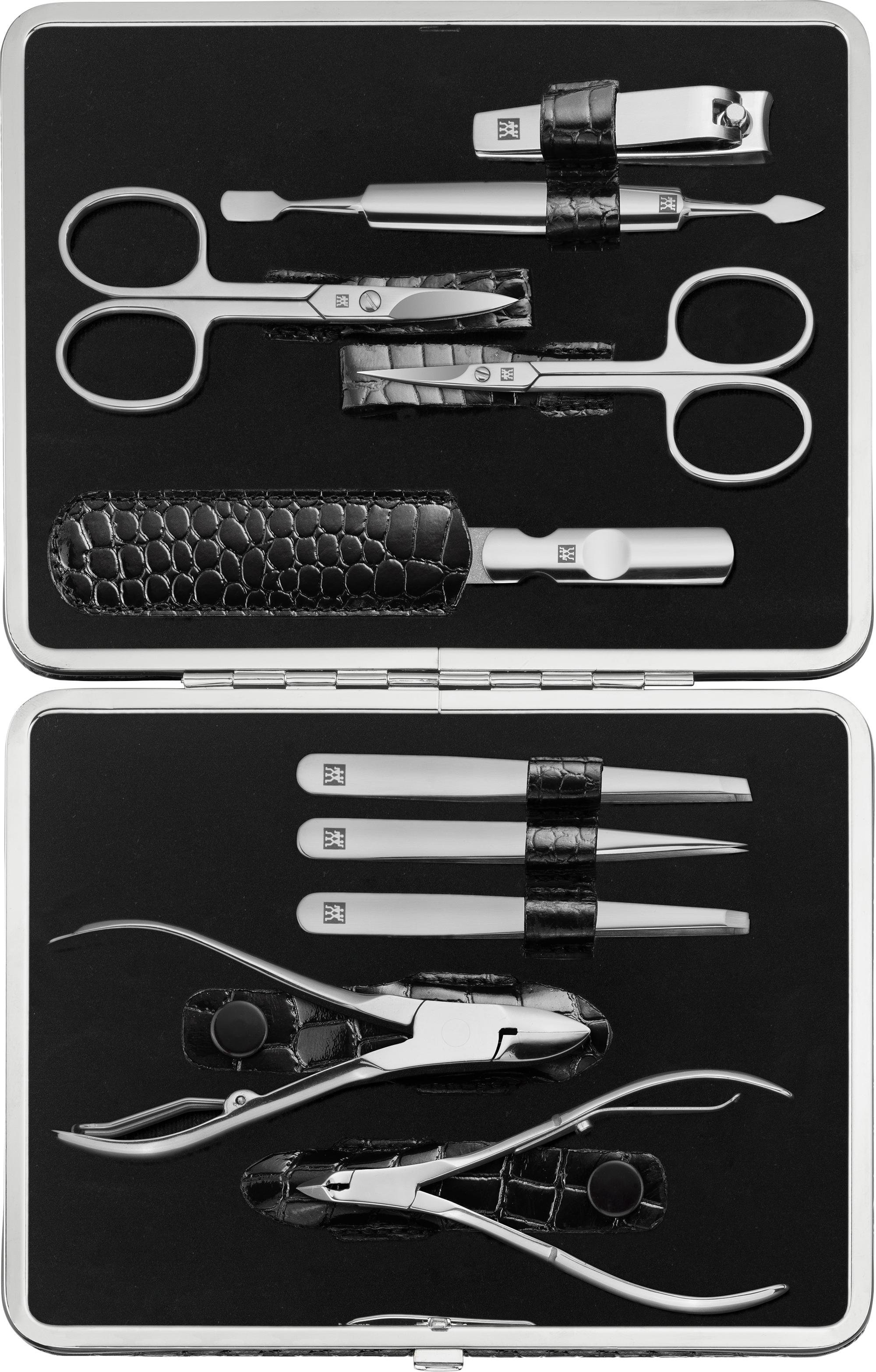 Geöffnetes ZWILLING Classic Set 10tlg. in schwarzer Kroko-Optik. Mit vollumfänglichen Pflegeinstrumenten aus rostfreiem Edelstahl.