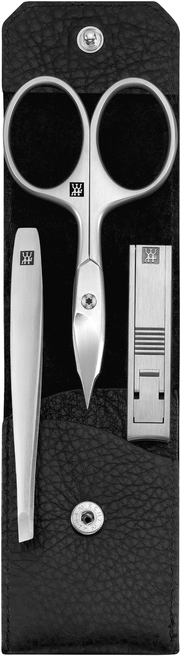 Geöffnetes ZWILLING Premium Set 3tlg. in schwarz mit essentiellen Pflegeinstrumenten aus rostfreiem Edelstahl.
